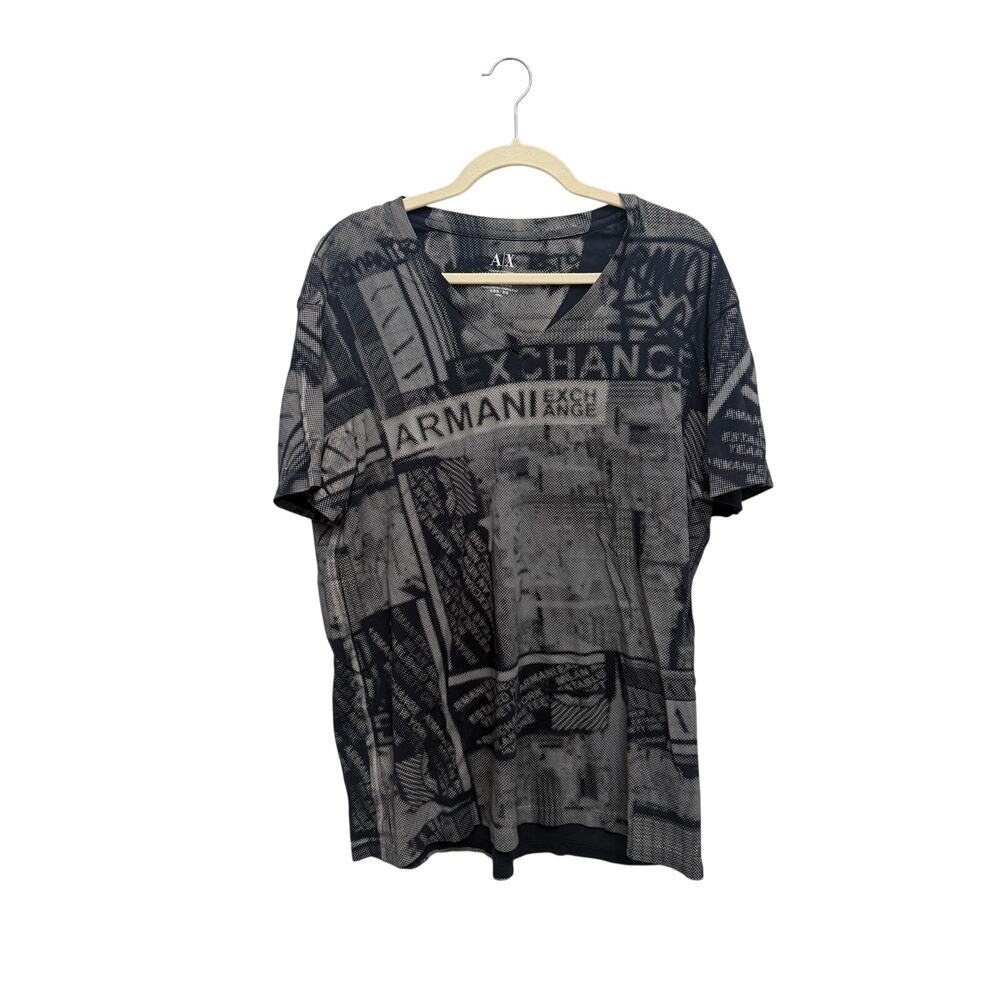 ARMANI EXCHANGE V Neck Graphic Logo T Shirt Gray Black Y2K Streetwear XL